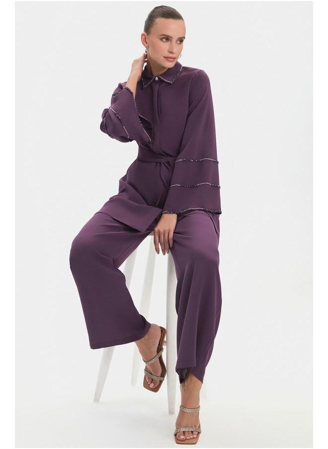 June Women Stone Detailed Shirt and Trousers Set Purple