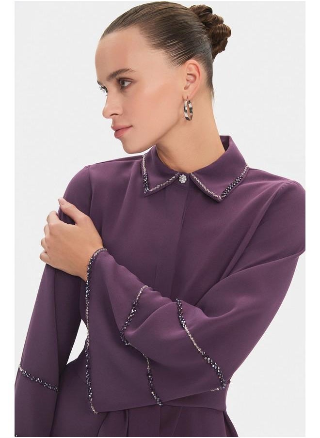 June Women Stone Detailed Shirt and Trousers Set Purple