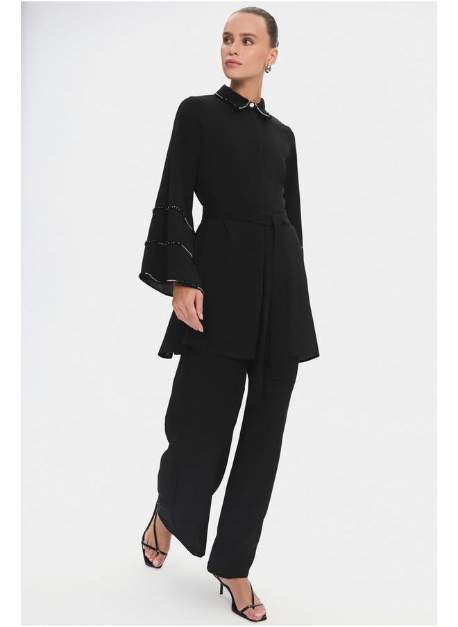 June Women Stone Detailed Shirt and Trousers Set Black