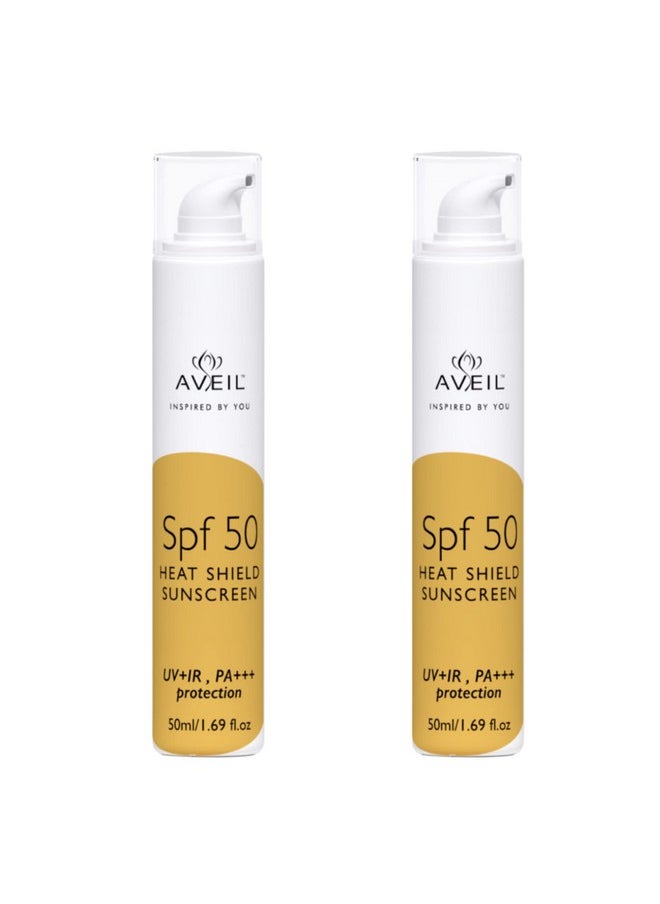 Heat Shield Gel Sunscreen Spf 50 With Pa+++ | For All Skin Types | Paraben & Paraffin Free | Hydrating Sunscreen | Sun Protection From Uva, Uvb, Ir | No White Caste | Pack Of 2-50Ml Each