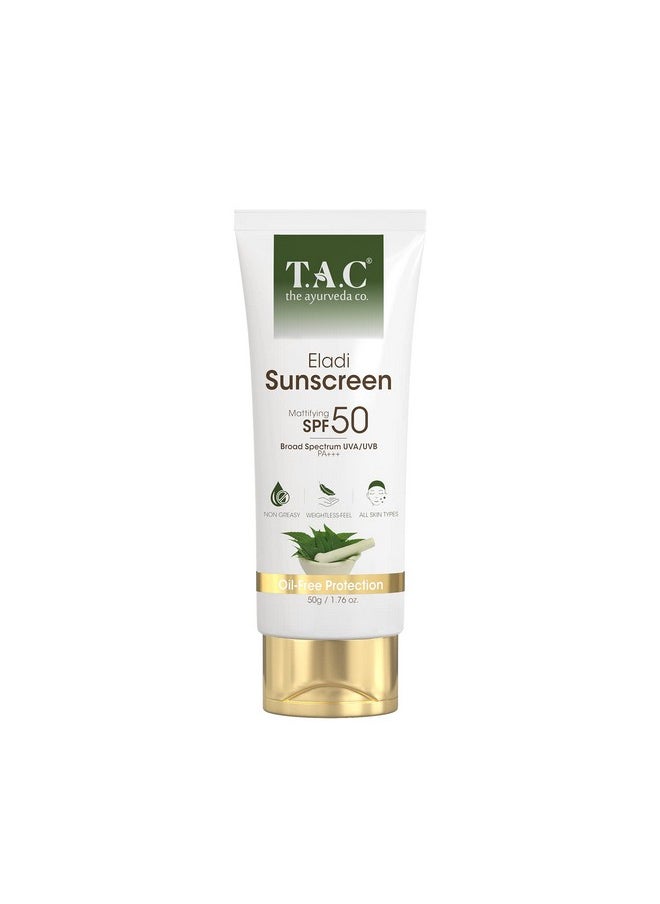 Tac Eladi Sunscreen Gel Spf 50 Pa+++|High Grade Sun Protection With Uva/B + Blue Light Barrier|Matte Gel Sunscreen| For Acne Prone Oily Skin|No White Cast & Weightless|Pore Minimizing & Priming- 50Gm