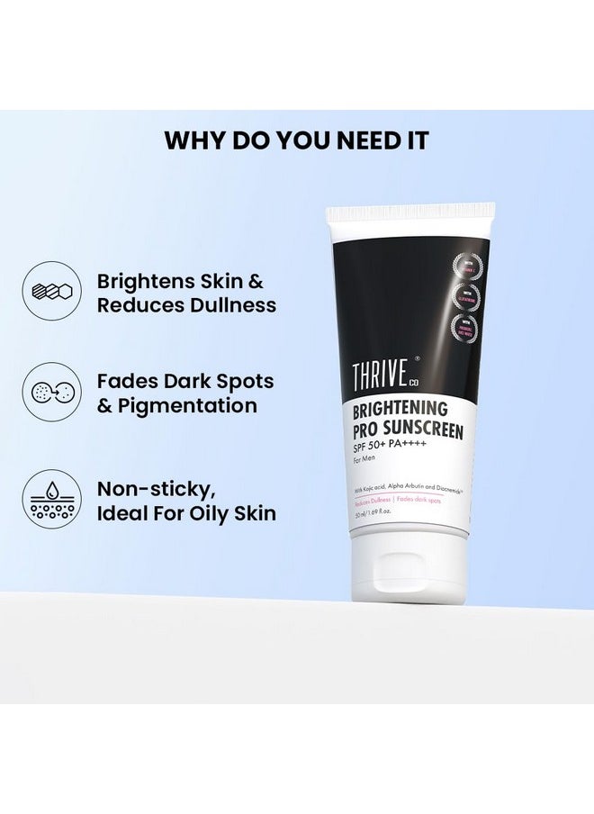 Brightening Pro Sunscreen For Men | Spf 50+ Pa++++ | Kojic Acid, Vitamin C And Diacnemide™ | Reduces Dullness & Fades Dark Spots | Zero White Cast | Non-Sticky & Highly Absorbant | 50Ml