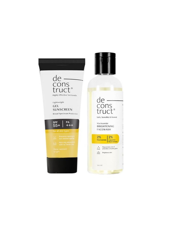 Radiance & Defense Combo: Face Wash For Skin Brightening & Gel Sunscreen For Sun Protection | Brightening Face Wash (100Ml) + Gel Sunscreen (50G) | No White Cast & Lightweight | Pack Of 2