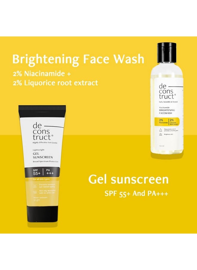 Radiance & Defense Combo: Face Wash For Skin Brightening & Gel Sunscreen For Sun Protection | Brightening Face Wash (100Ml) + Gel Sunscreen (50G) | No White Cast & Lightweight | Pack Of 2