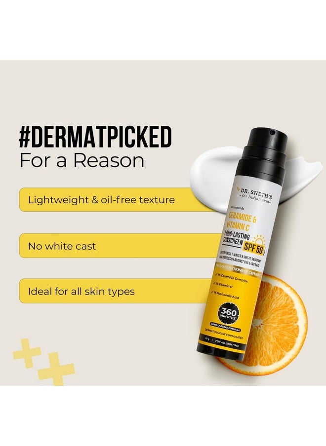Ceramide & Vitamin C Long Lasting Sunscreen Spf 50+ Pa++++ 6 Hrs Advanced Uv & Tan Protection | No White Cast, Water & Sweat-Resistant | Non-Greasy & Quick-Absorbing | For Women & Men | 50G