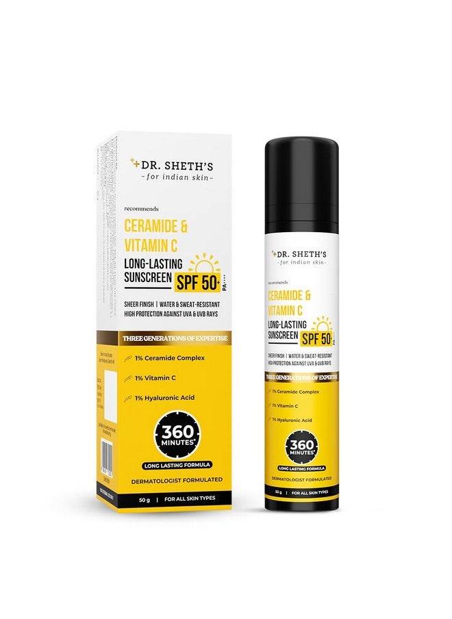 Ceramide & Vitamin C Long Lasting Sunscreen Spf 50+ Pa++++ 6 Hrs Advanced Uv & Tan Protection | No White Cast, Water & Sweat-Resistant | Non-Greasy & Quick-Absorbing | For Women & Men | 50G