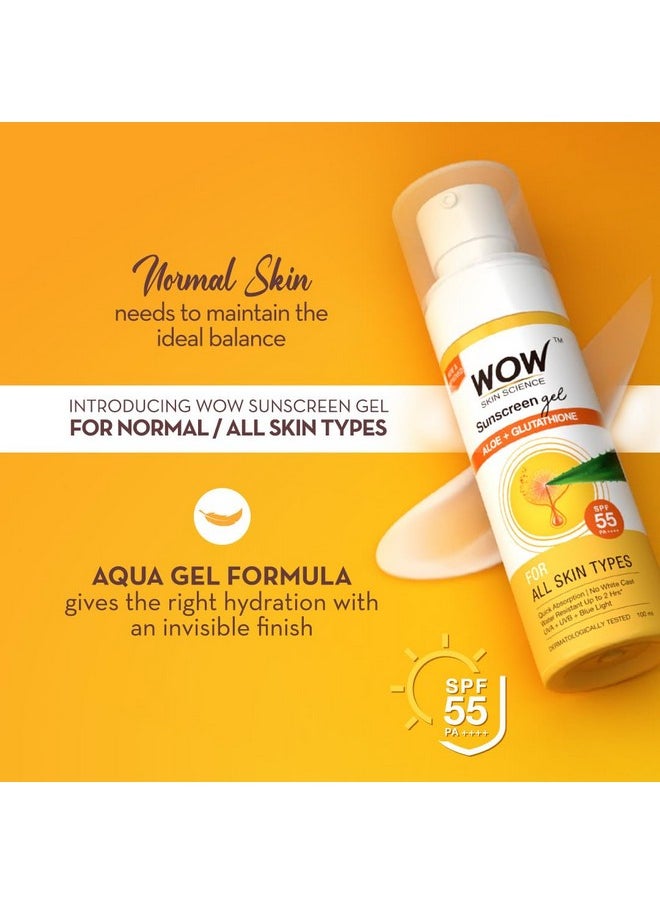 Sunscreen Gel For All Skin Types | Spf 55 Pa++++ | With Glutathione & Aloe Vera Extract | Lightweight | Quick Absorbing | No White Cast | Uva & Uvb Protection | 100 Ml