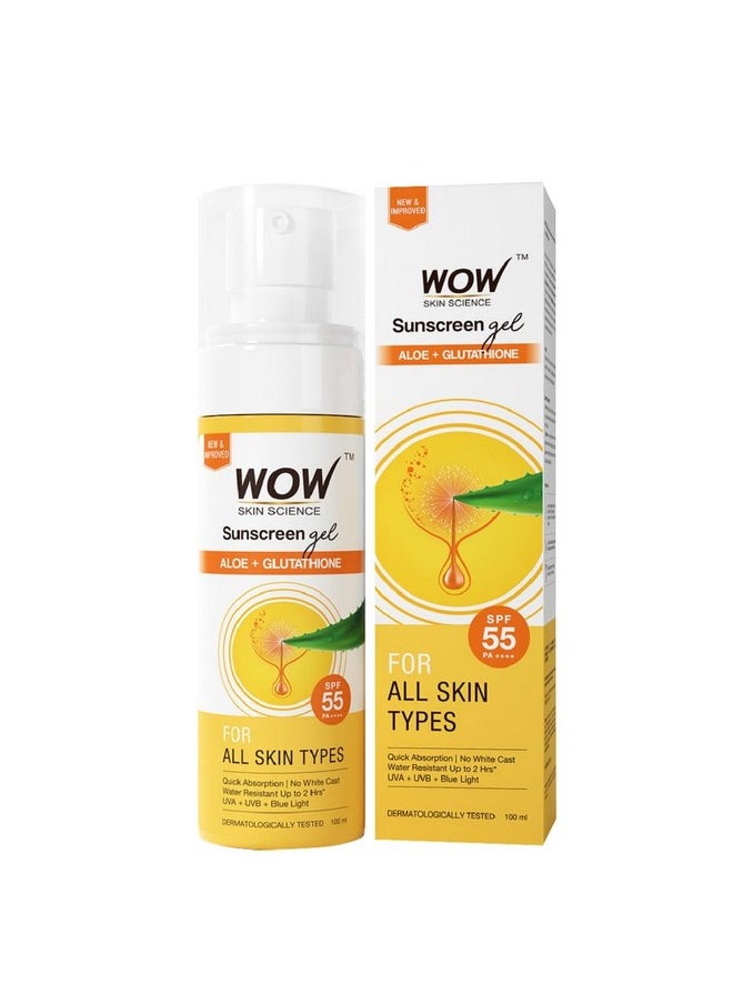 Sunscreen Gel For All Skin Types | Spf 55 Pa++++ | With Glutathione & Aloe Vera Extract | Lightweight | Quick Absorbing | No White Cast | Uva & Uvb Protection | 100 Ml