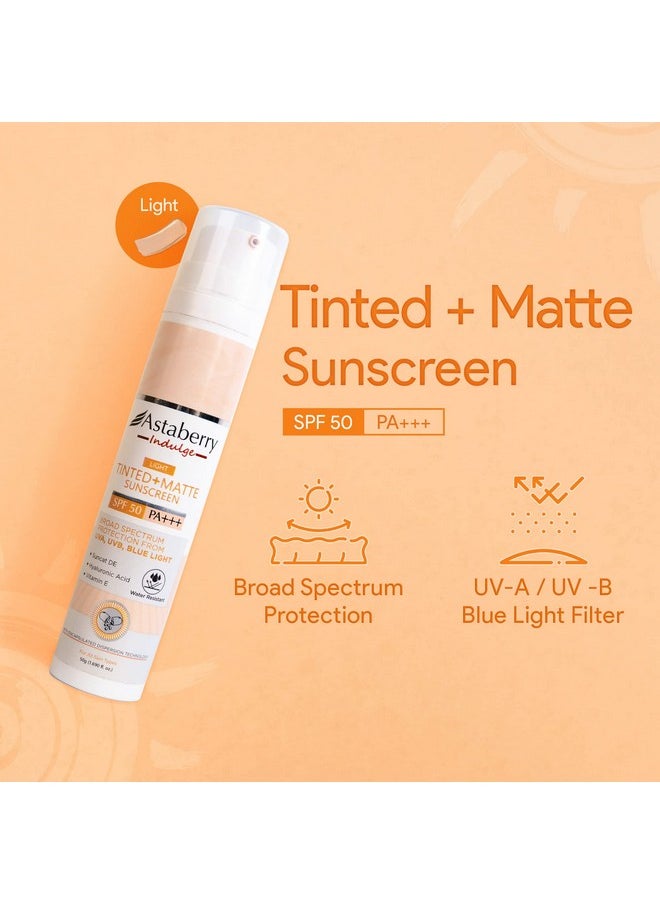 Indulge Tinted Matte Sunscreen Spf 50 Pa+++ | Broad Spectrum Protection From Uva/B & Blue Light | Suncat De & No White Cast |Provides A Light Tint - 50G (Light)