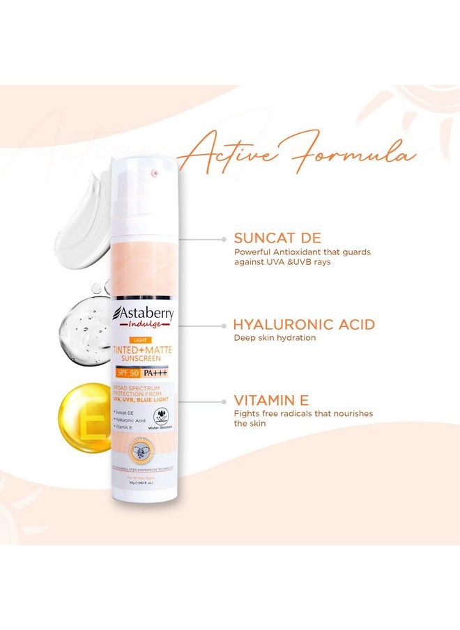 Indulge Tinted Matte Sunscreen Spf 50 Pa+++ | Broad Spectrum Protection From Uva/B & Blue Light | Suncat De & No White Cast |Provides A Light Tint - 50G (Light)