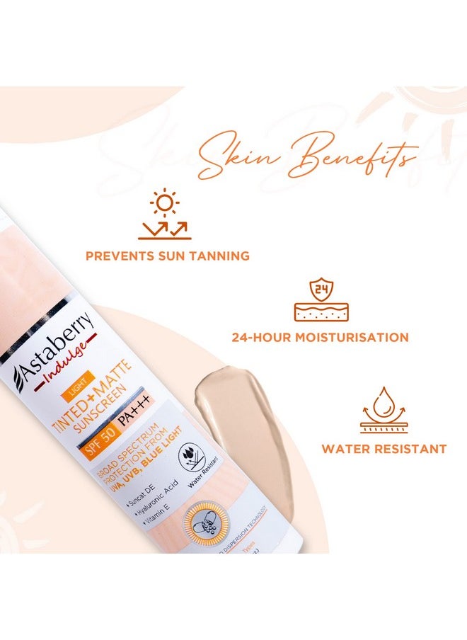 Indulge Tinted Matte Sunscreen Spf 50 Pa+++ | Broad Spectrum Protection From Uva/B & Blue Light | Suncat De & No White Cast |Provides A Light Tint - 50G (Light)