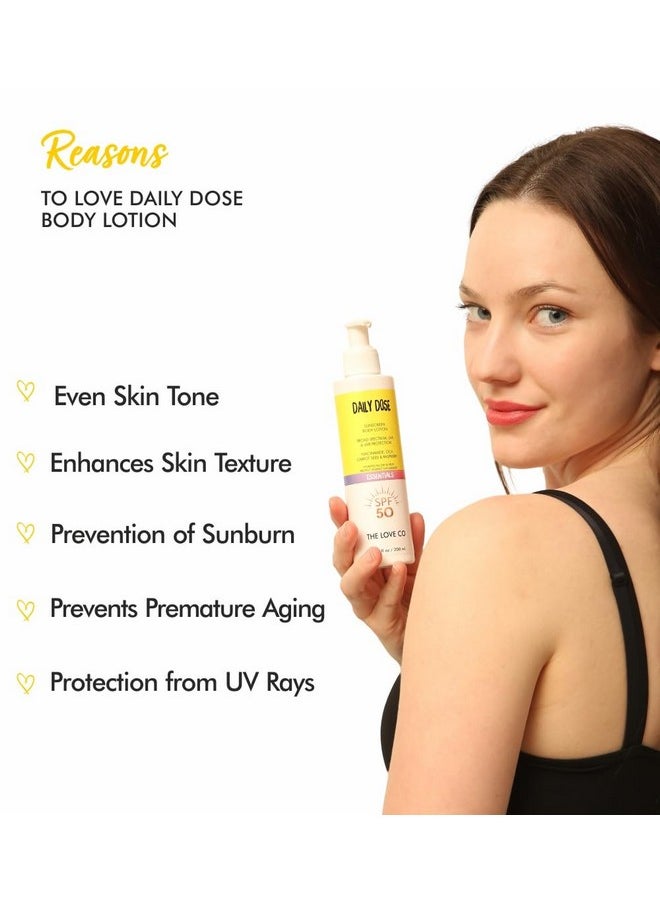 The Love Co Sunscreen Body Lotion Spf 50 ++++ - Daily Dose - Broad Spectrum Enriched With Carrot Seed, Ceramide, Niacinamide, Cica, & Raspberry - Uva/Uvb Protection, Hydration & Skin Repair - For All Skin Types - 200Ml