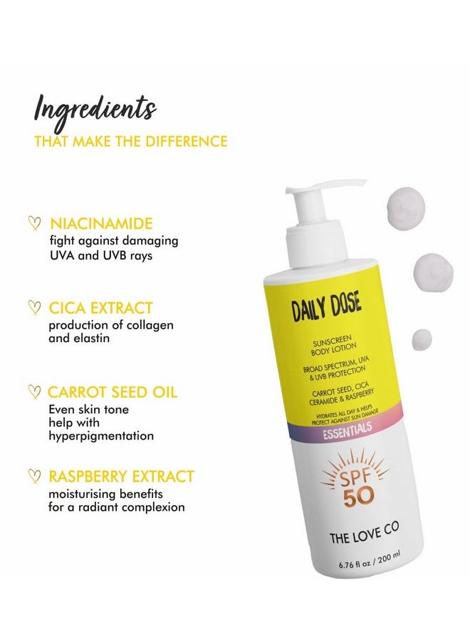The Love Co Sunscreen Body Lotion Spf 50 ++++ - Daily Dose - Broad Spectrum Enriched With Carrot Seed, Ceramide, Niacinamide, Cica, & Raspberry - Uva/Uvb Protection, Hydration & Skin Repair - For All Skin Types - 200Ml