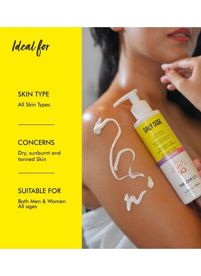 The Love Co Sunscreen Body Lotion Spf 50 ++++ - Daily Dose - Broad Spectrum Enriched With Carrot Seed, Ceramide, Niacinamide, Cica, & Raspberry - Uva/Uvb Protection, Hydration & Skin Repair - For All Skin Types - 200Ml