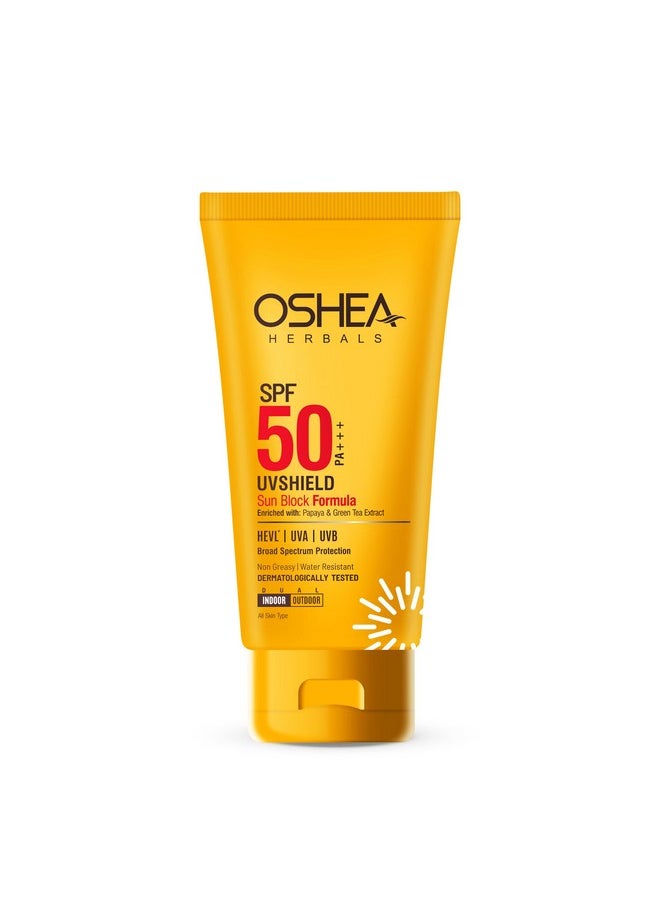 Uvshield Spf 50 Pa+++ Sunscreen | Broad Spectrum Uva & Uvb Protection For All Skin Types | Water Resistant & Enriched With Papaya & Green Tea Extract - 120G