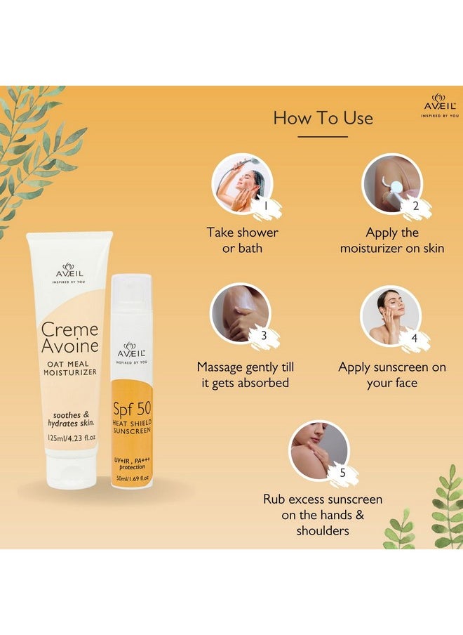 Creme Avoine Moisturiser 125 Ml & Heat Shield Spf 50 Gel Sunscreen 50 Ml Combo Pack For Soothing & Hydrating | Paraben & Paraffin Free | Dermatologically Tested For All Skin Types