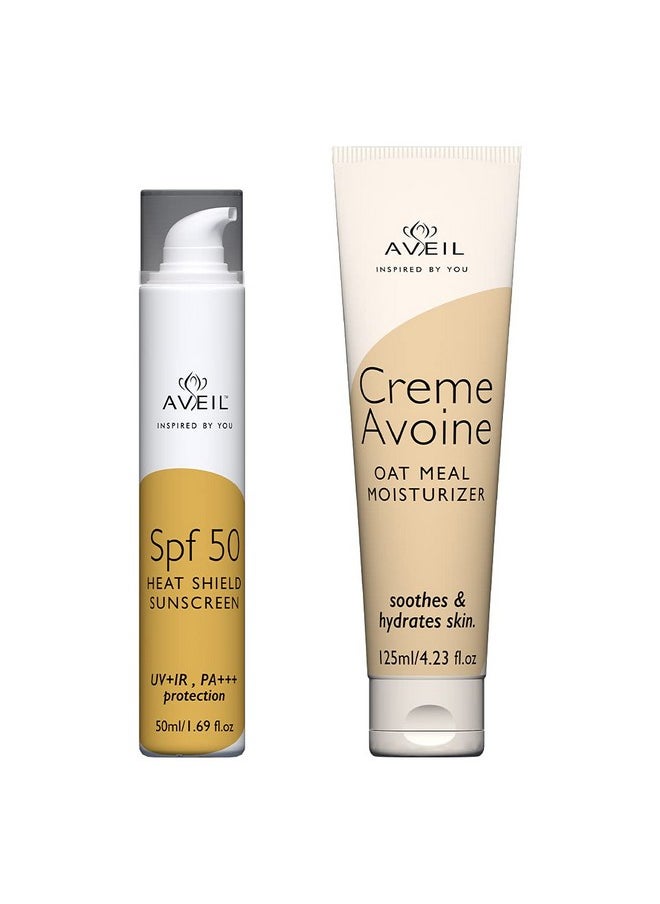 Creme Avoine Moisturiser 125 Ml & Heat Shield Spf 50 Gel Sunscreen 50 Ml Combo Pack For Soothing & Hydrating | Paraben & Paraffin Free | Dermatologically Tested For All Skin Types