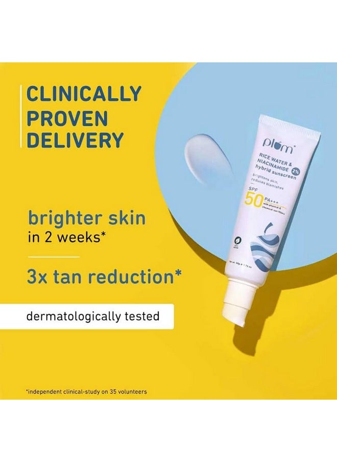 2% Niacinamide Sunscreen Spf 50 Pa+++ With Rice Water | Uva/ Uvb Protection | Reduces Tan, Brightens Skin | No White Cast, Lightweight, Non-Sticky | Dermatologically Tested | All Skin Types | Women & Men | 100% Vegan | 50 G