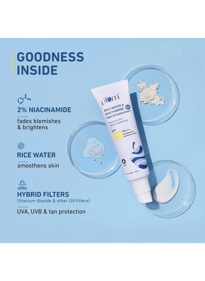 2% Niacinamide Sunscreen Spf 50 Pa+++ With Rice Water | Uva/ Uvb Protection | Reduces Tan, Brightens Skin | No White Cast, Lightweight, Non-Sticky | Dermatologically Tested | All Skin Types | Women & Men | 100% Vegan | 50 G