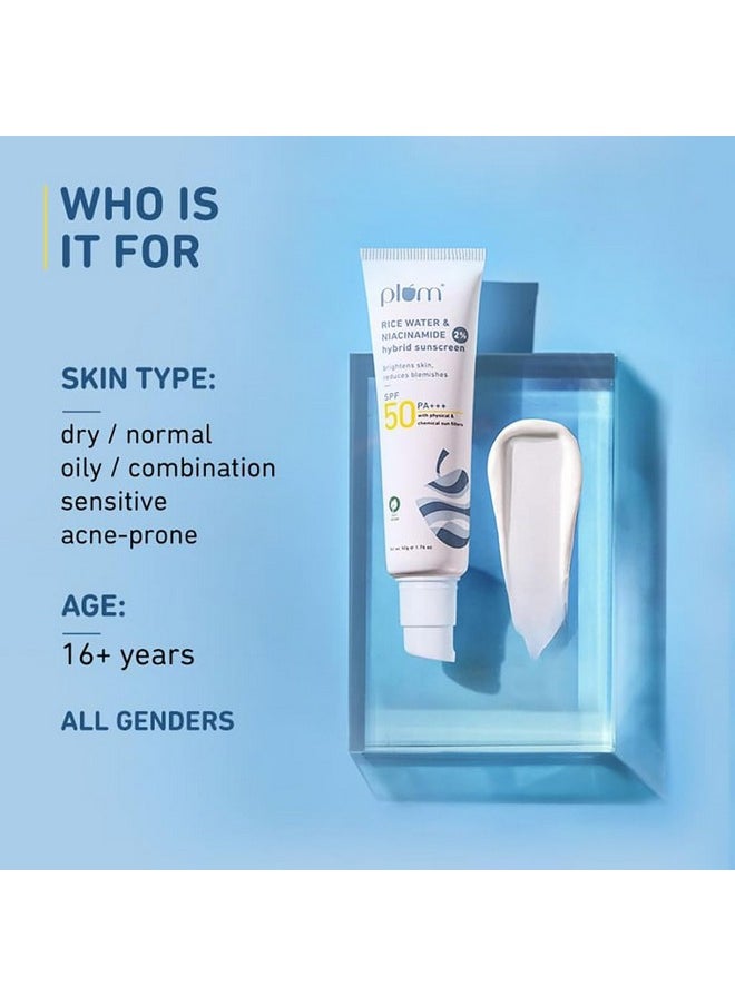 2% Niacinamide Sunscreen Spf 50 Pa+++ With Rice Water | Uva/ Uvb Protection | Reduces Tan, Brightens Skin | No White Cast, Lightweight, Non-Sticky | Dermatologically Tested | All Skin Types | Women & Men | 100% Vegan | 50 G