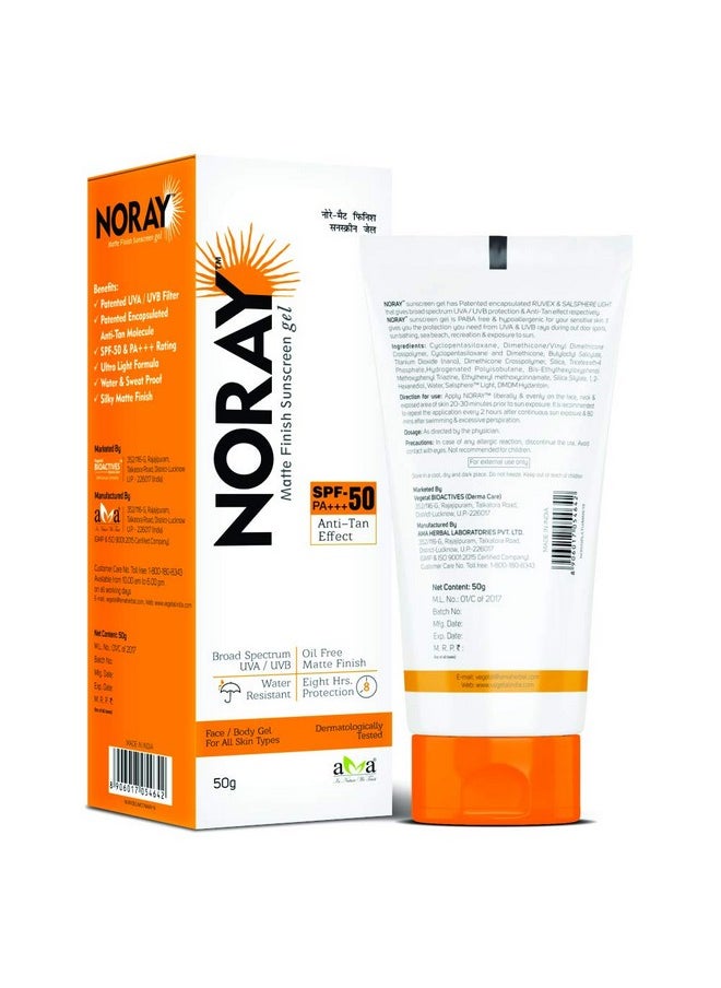 Noray Matte Finish Broad Spectrum Sunscreen Gel, Spf-50, Pa+++ With Anti Tan Effect, 50 G
