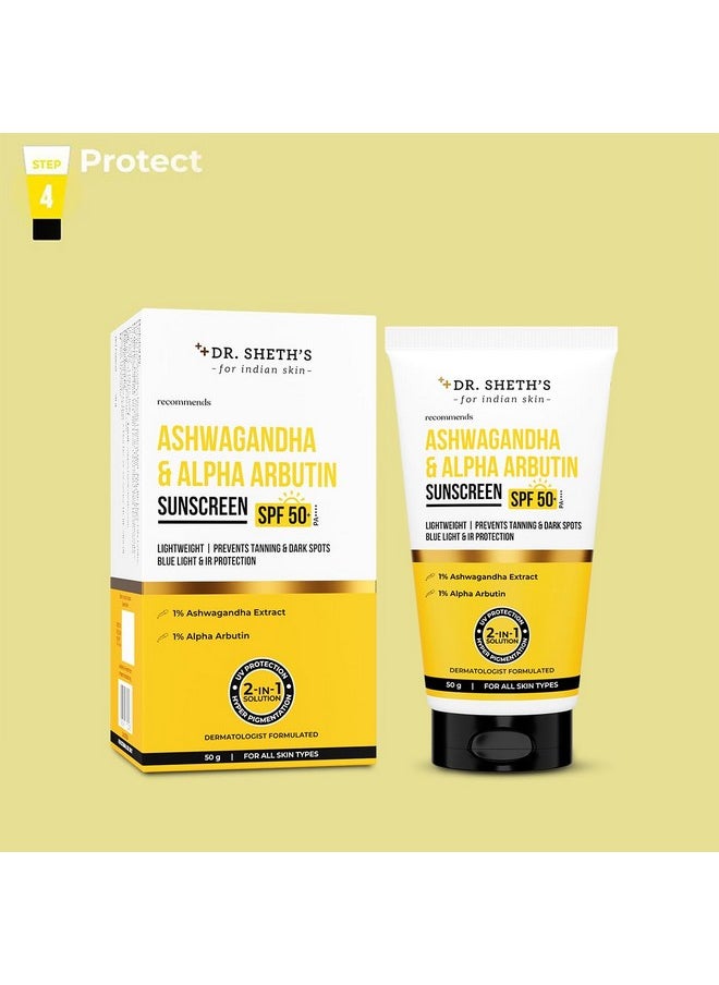 Ashwagandha & Alpha Arbutin Sunscreen Spf 50+ Pa++++ | 2 In 1 Solution For Hyper Pigmentation And Uv Protection | Anti Tan & Dark Spots | 50G For All Skin Type