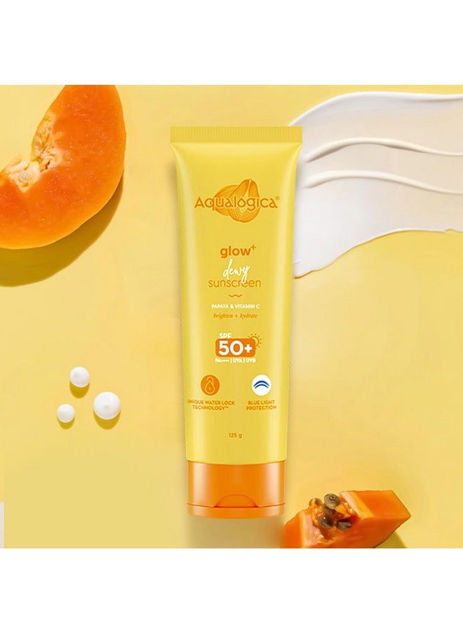 Glow+ Dewy Sunscreen Spf 50 Pa++++ - 125G With Papaya & Vitamin C, Lightweight, No White-Cast, Blue Light Protection, Suitable For All Skin Types, Men & Women