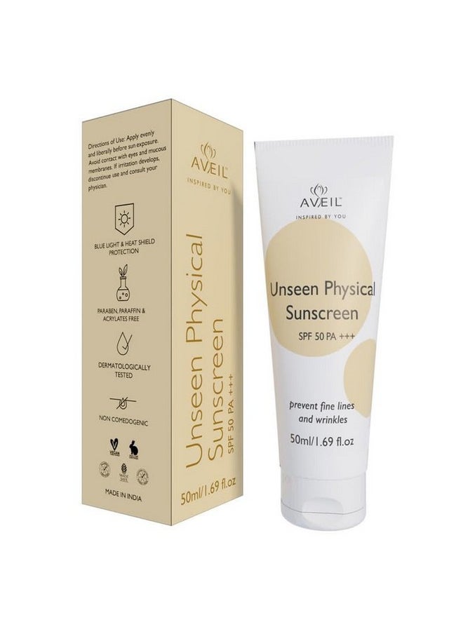 Unseen Physical Sunscreen Spf 50 Pa +++ | 50Ml | Uva, Uvb & Blue Light Protection | No White Cast | Water & Sweat Resistant | Hydrating Sunscreen | Prevents Fine Lines & Wrinkles | Pack Of 1