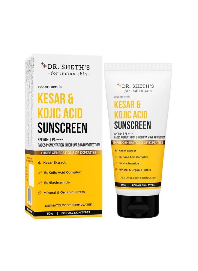 Kesar & Kojic Acid Sunscreen For All Skin Types Spf 50 Pa++++ For Pigtation-Free Skin | No White Cast And Light Weight For Daily Moisturization- 50G, Pack Of 1