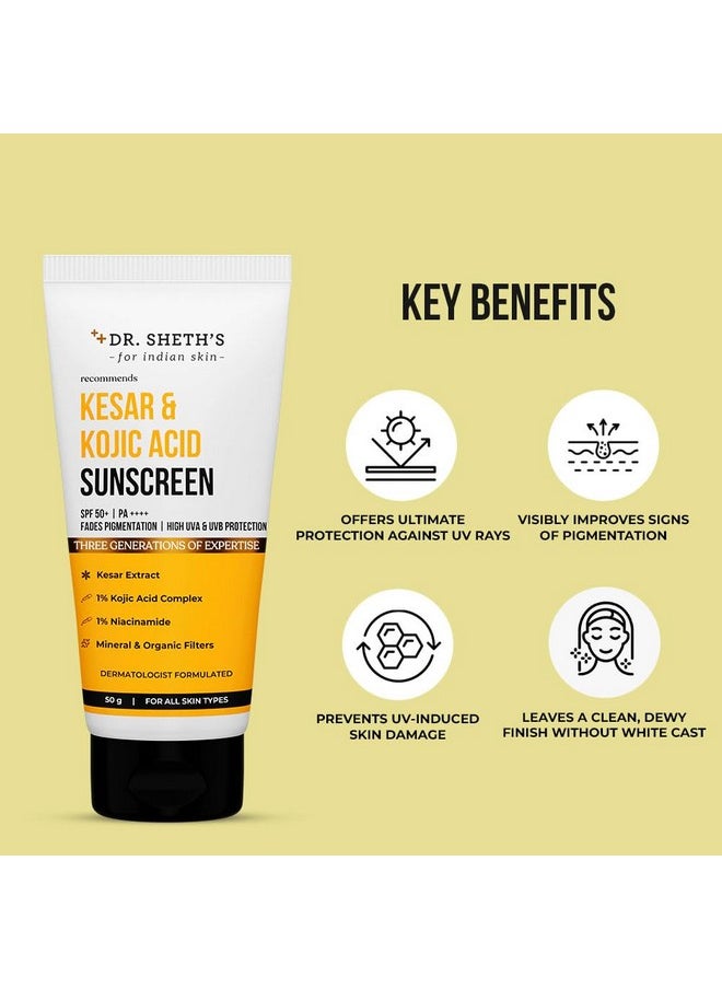 Kesar & Kojic Acid Sunscreen For All Skin Types Spf 50 Pa++++ For Pigtation-Free Skin | No White Cast And Light Weight For Daily Moisturization- 50G, Pack Of 1