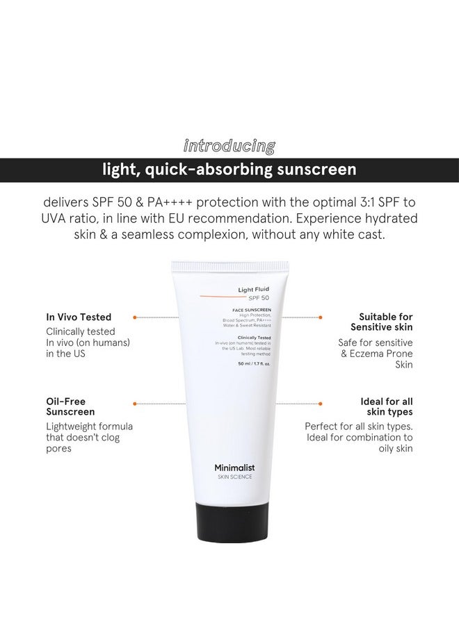 Light Fluid Sunscreen Spf 50 Pa++++ | Clinically Tested In Us | No White Cast | Broad Spectrum | Lightweight, Water & Sweat Resistant Sunscreen For Oily Skin | For Women & Men | 50Ml