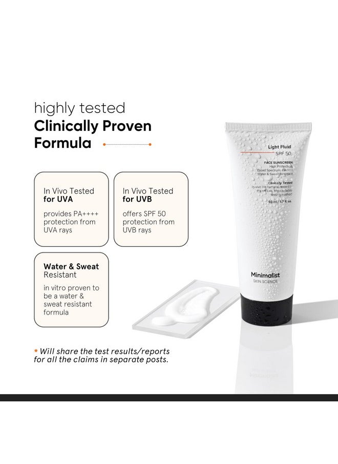 Light Fluid Sunscreen Spf 50 Pa++++ | Clinically Tested In Us | No White Cast | Broad Spectrum | Lightweight, Water & Sweat Resistant Sunscreen For Oily Skin | For Women & Men | 50Ml