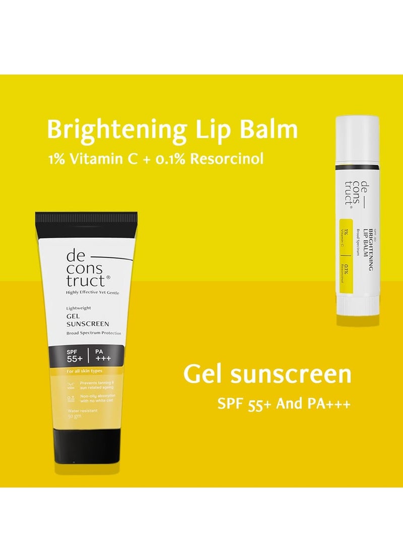 Deconstruct Glow Guard Duo | Brightening Lip Balm (4g) + Gel Sunscreen (50 g) | Lip Balm- For Dark, Pigmented, Dry, Flaky Lips | Brightens Pigmented Lips | Gel Sunscreen- SPF 50+ Gel based sunscreen for all skin types | Pack of 2
