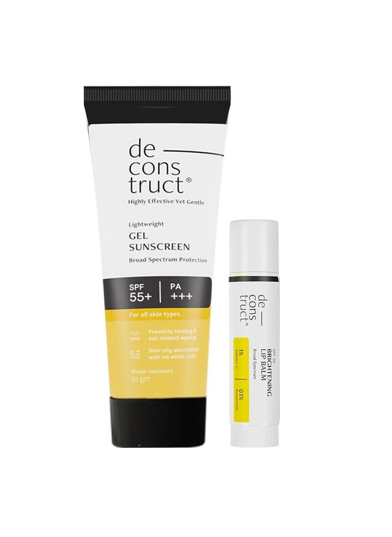 Deconstruct Glow Guard Duo | Brightening Lip Balm (4g) + Gel Sunscreen (50 g) | Lip Balm- For Dark, Pigmented, Dry, Flaky Lips | Brightens Pigmented Lips | Gel Sunscreen- SPF 50+ Gel based sunscreen for all skin types | Pack of 2