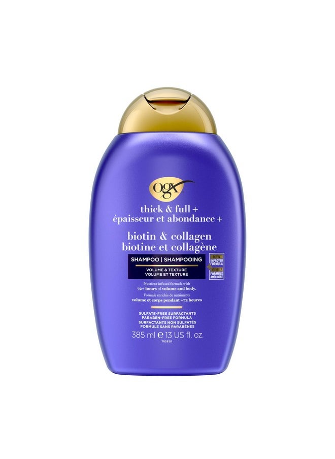 Thick & Full + Biotin & Collagen Volumizing Shampoo For Thin Hair, Thickening Shampoo With Vitamin B7 & Hydrolyzed Wheat Protein, Paraben-Free, Sulfate-Free Surfactants, 385Ml