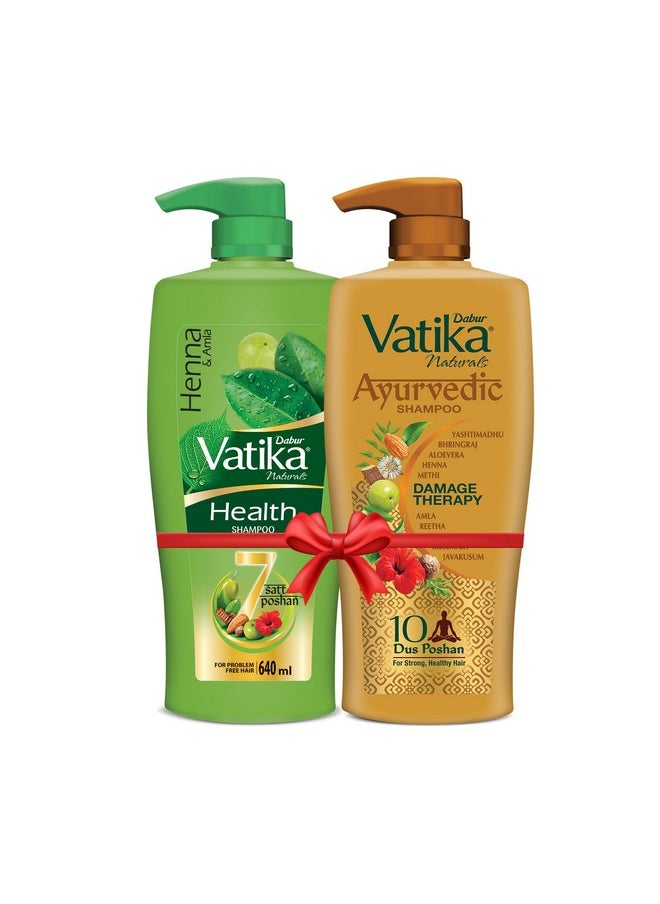 Vatika Ayurvedic Shampoo - 640Ml + Dabur Vatika Health Shampoo - 640Ml | Repairs Hair Damage, Controls Frizz | For All Hair Types | Goodness Of Natural Ingredients