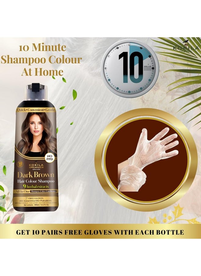 No Ppd Shampoo Hair Colour - Dark Brown 400Ml For Women And Men | Natural Extracts | Colours Hair In 10 Minutes | Ammonia Free, Paraben Free - 10 Pair Free Gloves