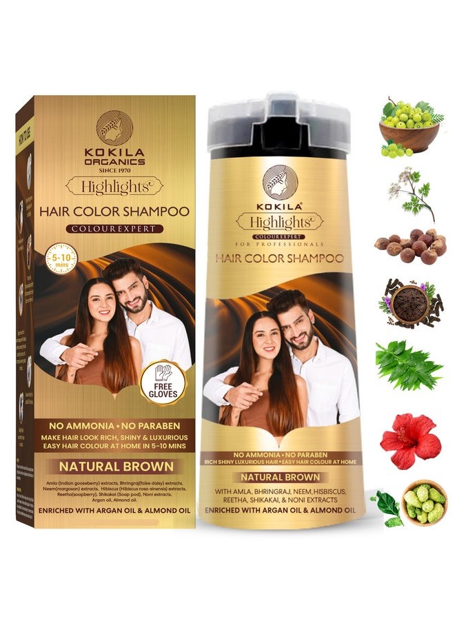 Hair Color Shampoo For Men & Women | No Ammonia - No Paraben | 10 Pair Free Gloves, Natural Brown 400Ml