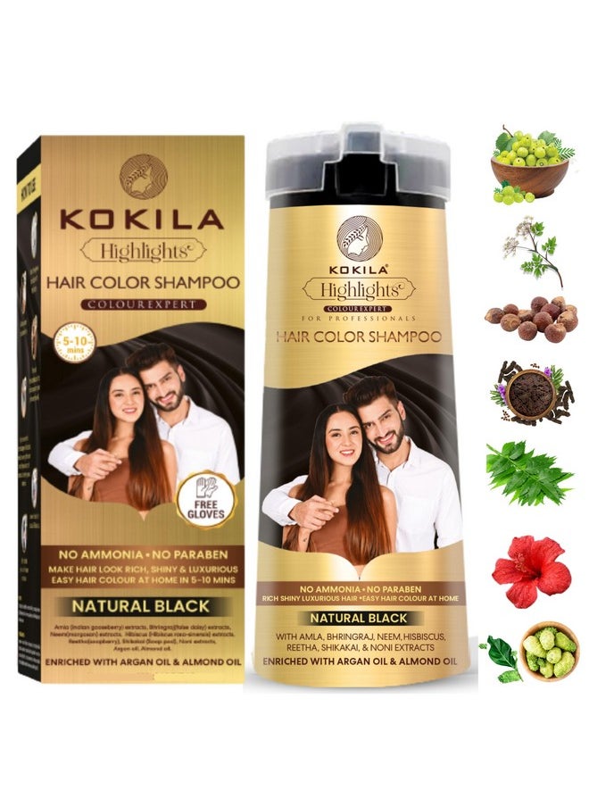 Hair Color Shampoo For Men & Women | No Ammonia - No Paraben | 10 Pair Free Gloves, Natural Black Color 400Ml