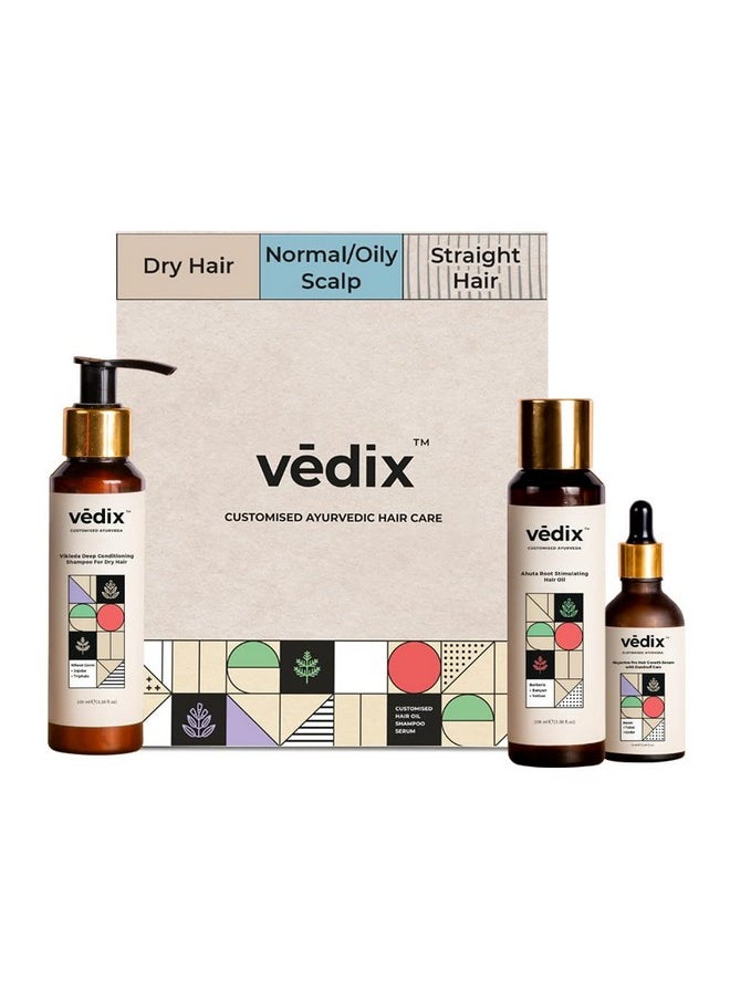 Customized Hair Fall Control & Dandruff Care Regimen For Dry Hair- Normal-Oily Scalp & Straight Hair, 3 Product Ayurvedic Hair Care Kit-Ayurvedic Hair Oil, Shampoo, Hair Growth Serum, Off White