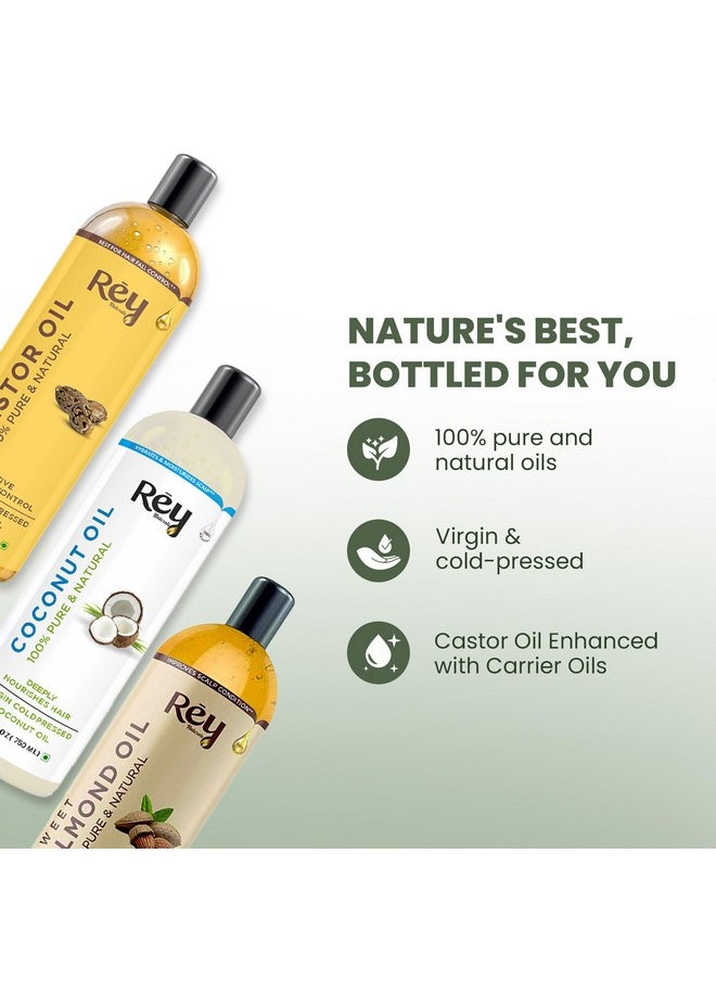 Cold Pressed Castor Oil For Hair Growth, Almond Oil For Hair Growth & Virgin Coconut Oil For Hair | Nourishing Hair Oil For All Hair Types | Deeply Moisturizes Strengthens Hair 200Ml Each