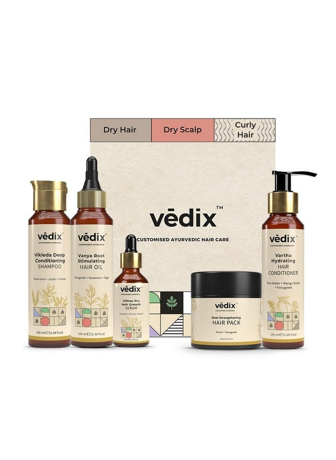 Ayurvedic Hair Growth Kit | 5 Product Kit | For Dry Hair, Dry Scalp, Curly Hair | Vedix Hair Oil, Shampoo, Serum, Mask, Conditioner Set