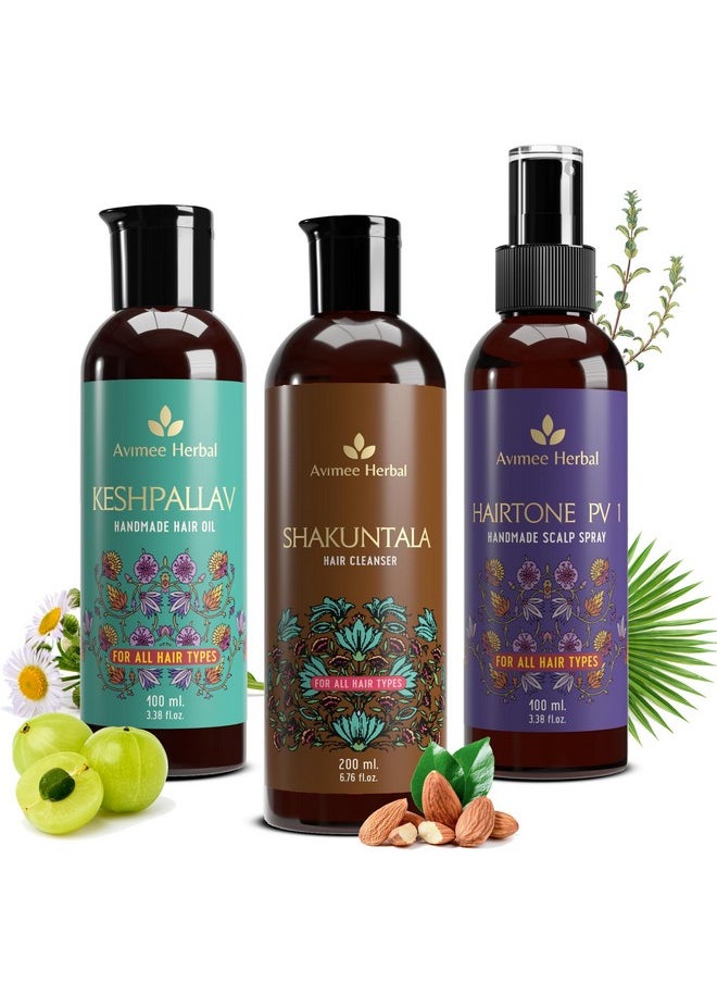 Hair Care Kit | For Hair Growth And Nourishment | Keshpallav Hair Oil, 100Ml | Shakuntala Hair Cleanser, 200Ml | Hairtone Pv1 Scalp Spray, 100Ml | Hair Care Combo