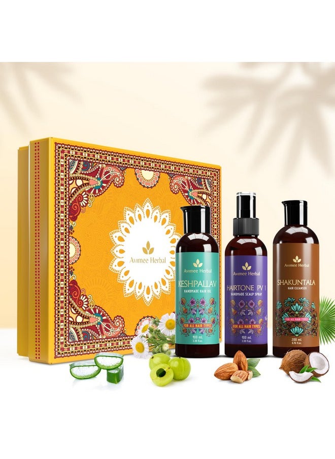 Gift Box | For Hair Growth Treatment And Nourishment | Keshpallav Hair Oil, 100Ml | Shakuntala Hair Cleanser, 200Ml | Hairtone Pv1 Scalp Spray, 100Ml | Hair Care Combo