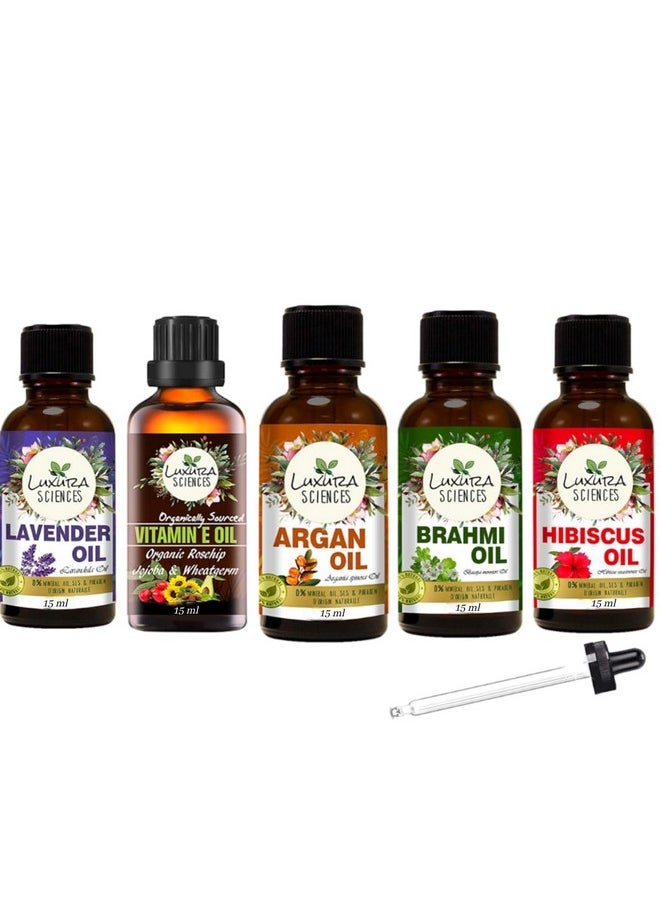 Organic Essential Oil Combo Pack Of 5 Oils ;Daily Scalp Health Essential Oil Kit 5 * 15Ml (Hibiscus Oil; Brahmi Oil; Argan Oil; Lavender Oil; Vitamin E Oil)