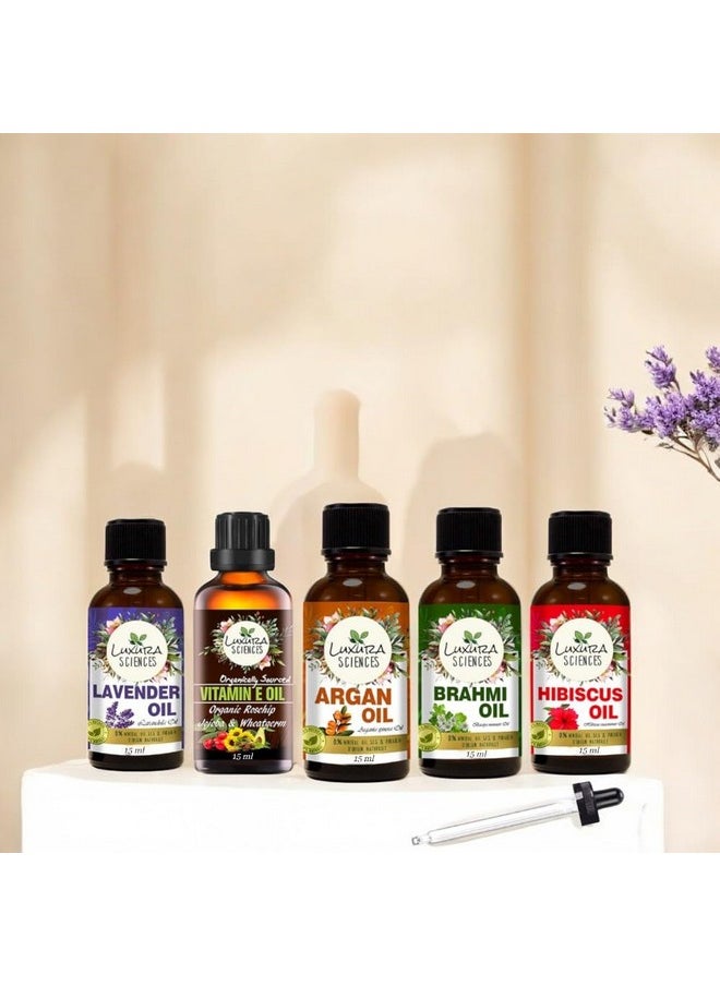 Organic Essential Oil Combo Pack Of 5 Oils ;Daily Scalp Health Essential Oil Kit 5 * 15Ml (Hibiscus Oil; Brahmi Oil; Argan Oil; Lavender Oil; Vitamin E Oil)