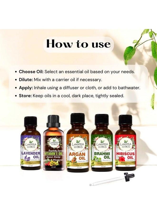 Organic Essential Oil Combo Pack Of 5 Oils ;Daily Scalp Health Essential Oil Kit 5 * 15Ml (Hibiscus Oil; Brahmi Oil; Argan Oil; Lavender Oil; Vitamin E Oil)