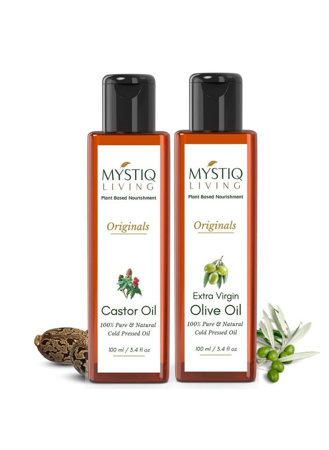 Extra Virgin Olive Oil And Castor Oil Combo For Skin, Hair & Body | Cold Pressed, 100% Pure And Natural - 100 Ml Each (200 Ml)