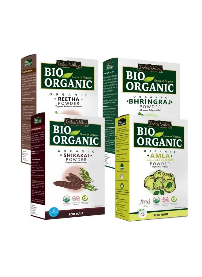 Organic Amla Powder Indian Gooseberry, Shikakai Powder Acacia Concinna, Reetha Powder Sapindus Mukorossi And Bhringraj Powder Eclipta Alba For, Hair And Skin Care (100X4 = 400G) - Green