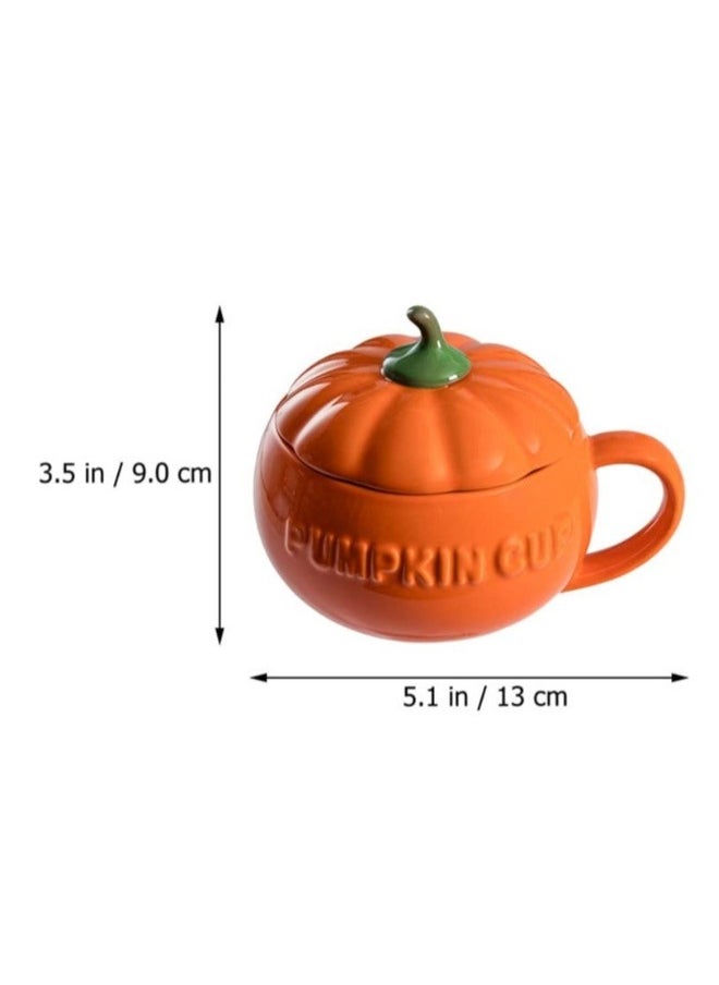 Pumpkin Ceramics Mug, Pumpkin Shape Ceramic Cup, Creative Pumpkin Cup, Coffee Tea Cup, Milk Soup Mug, with Lid Spoon for Spices (Orange)